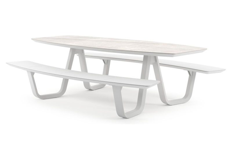 Forno picknicktafel bootvorm in wit aluminium en volkeramiek Taj Mahal - L 240 x B 181 x H 72 cm