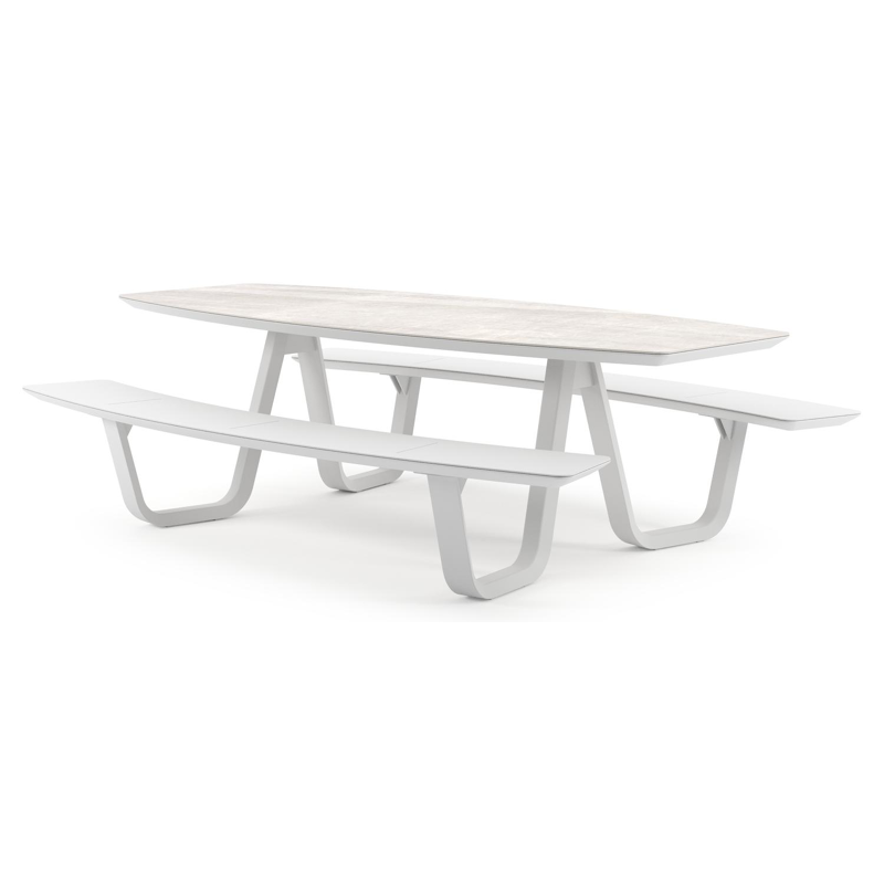 Forno picknicktafel bootvorm in wit aluminium en volkeramiek Taj Mahal - L 240 x B 181 x H 72 cm