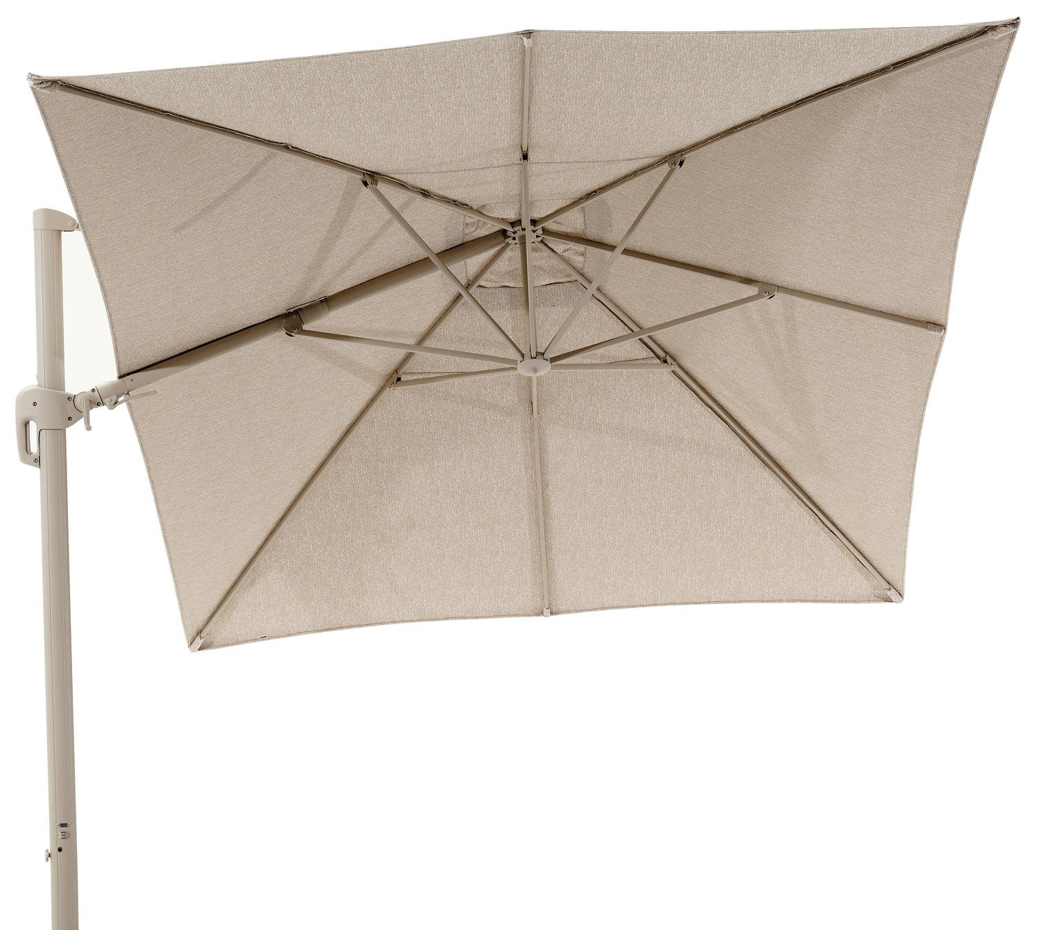 Rufina zweefparasol met tiltfunctie in beige aluminium en Sunbrella Luxe Tundra Sand parasoldoek - L1 400 x L2 300 cm (zonder voet) (zonder voet)