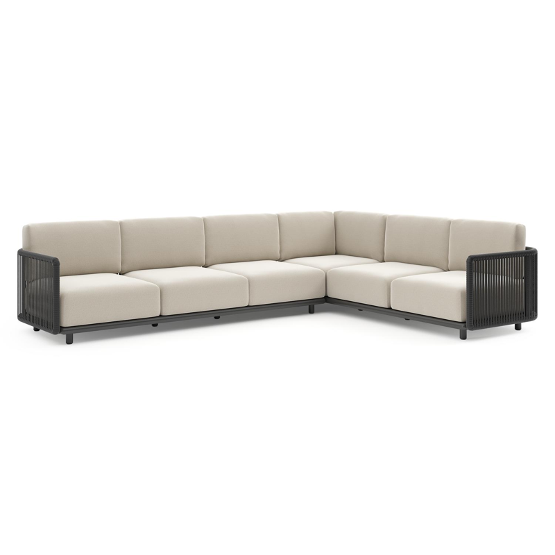 Salon de jardin d'angle Organo en aluminium noir et corde luxe plate tissée verticalement noir et coussin en all weather Sunbrella® luxe lopi marble