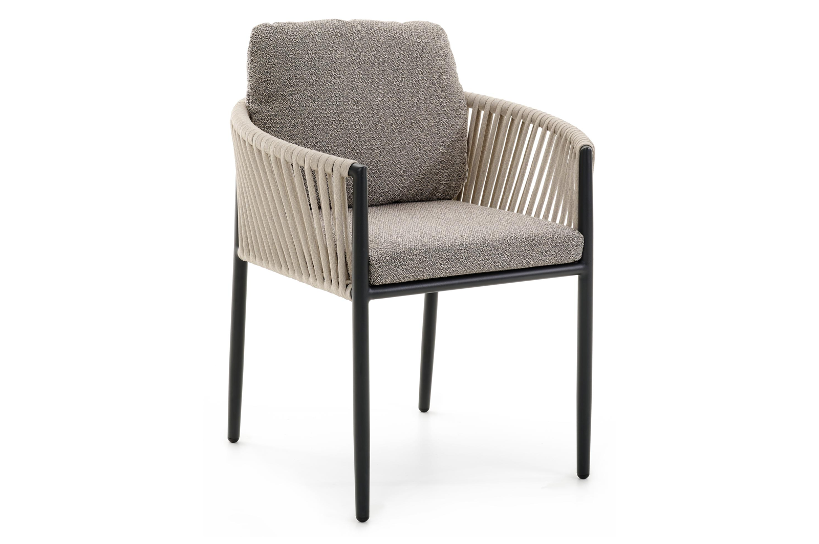 Organo tuinstoel in beige aluminium en beige verticaal geweven luxe vlakke rope met kussen in All Weather Sunbrella® Luxe Wander Granite