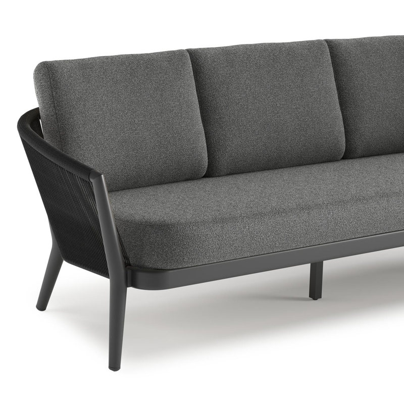 Orso loungeset in zwart aluminium en zwart verticaal geweven ronde rope met Catania Black all weather cosytica kussen