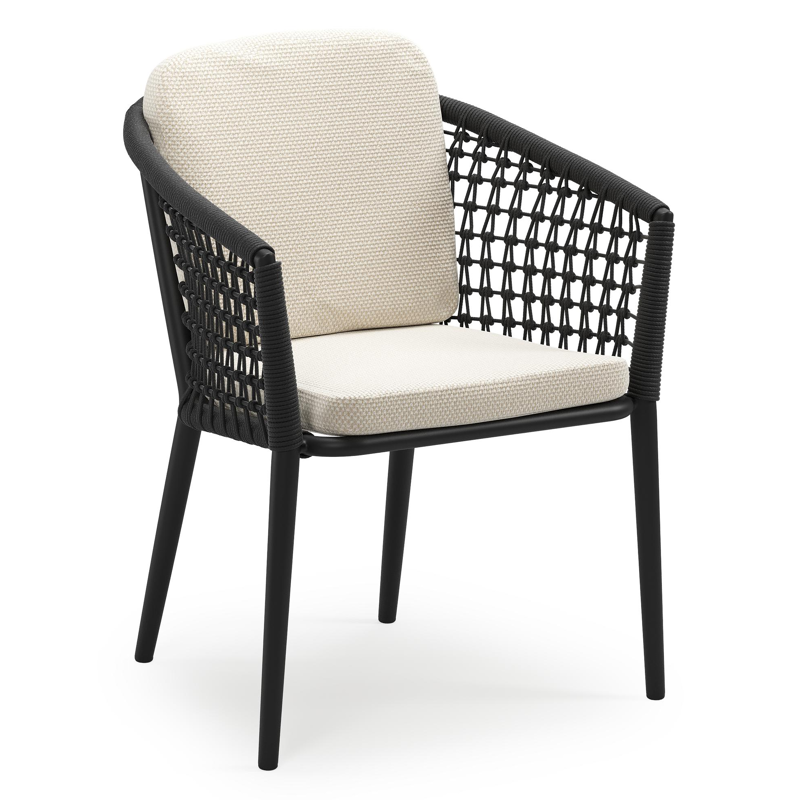 Chaise de jardin empilable Orso en aluminium noir et corde ronde tissée résille noir avec coussin en All Weather Cosytica Althea Off White