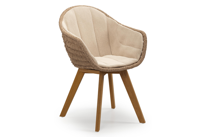 Pagino tuinstoel in teak en naturel wicker met kussen in natte heather beige all weather sunbrella® luxe