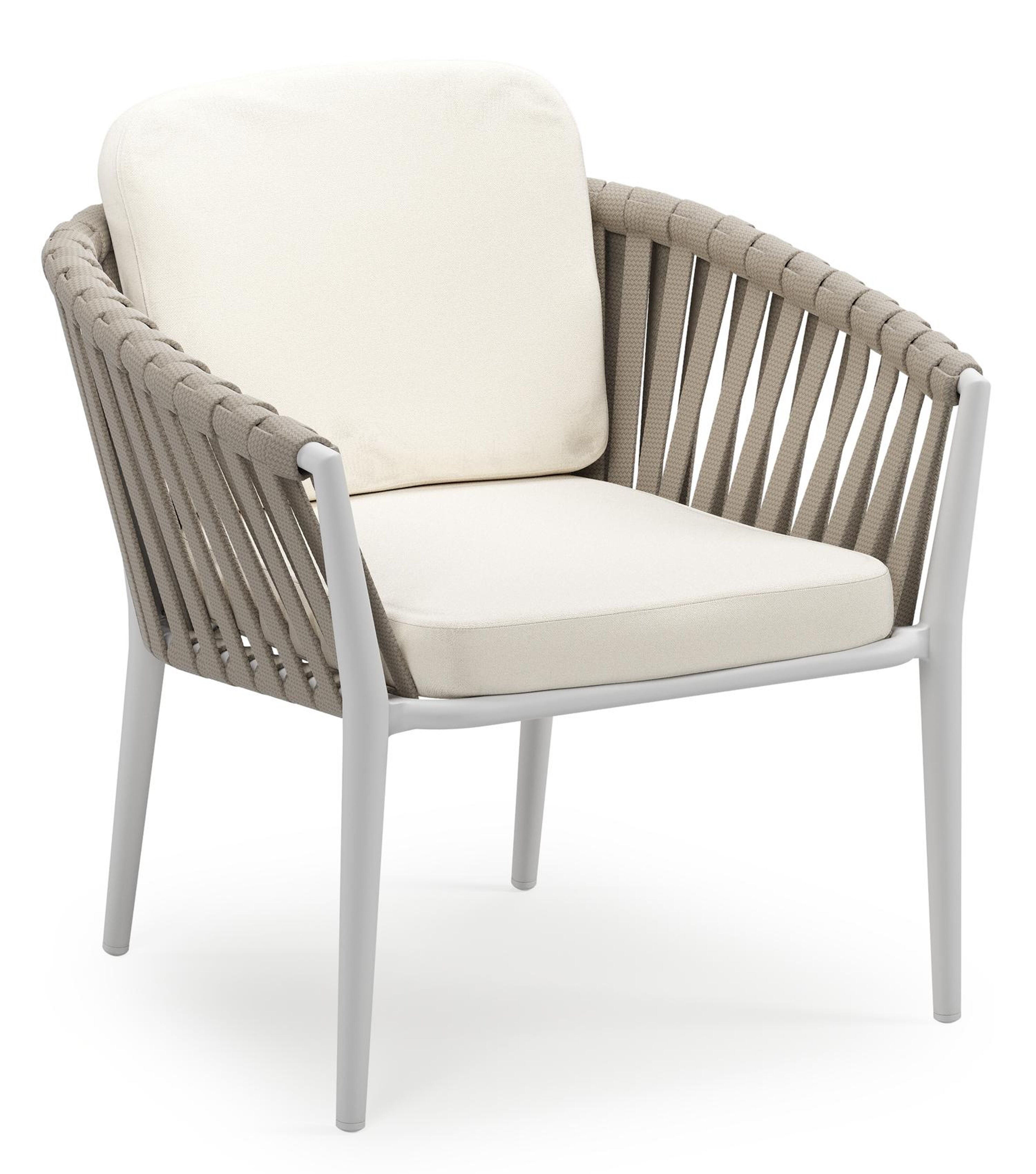Orso low dining tuinstoel in wit aluminium en beige verticaal geweven luxe vlakke brede rope met stoelkussen in All Weather Sunbrella® Luxe Natte White