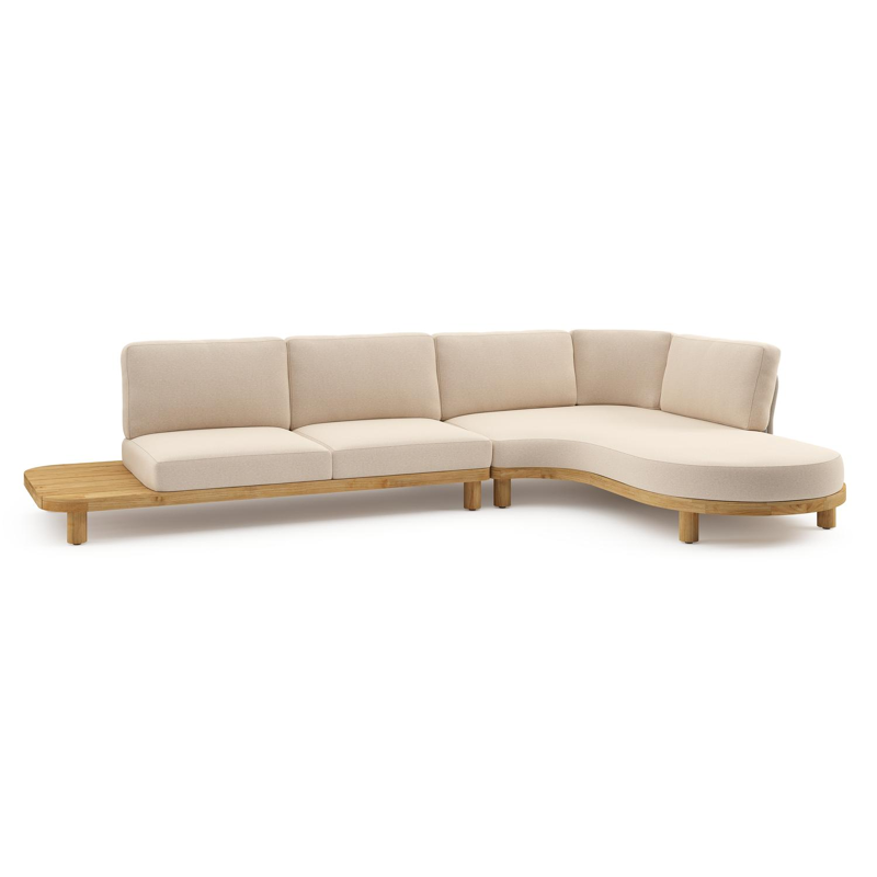 Donato loungehoek in teak en beige verticaal geweven ronde rope met all weather sunbrella® luxe Heritage Papyrus kussen