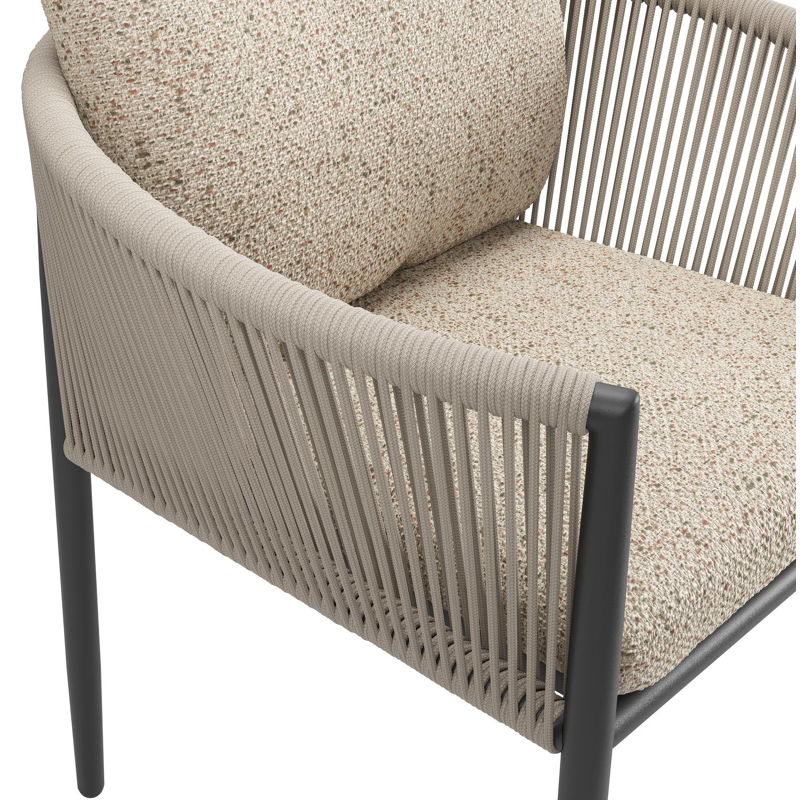 Organo tuinstoel in zwart aluminium en zwart verticaal geweven ronde rope met stoelkussen in All Weather Cosytica Bora Jungle