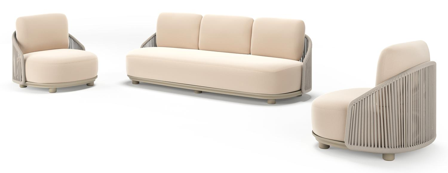 Vadelo loungeset in beige aluminium en beige verticaal geweven ronde rope met natte linen chalk all weather sunbrella® luxe kussen