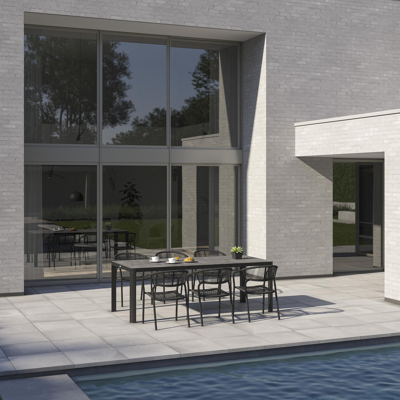 Ellara tuinset in zwart aluminium en grijs keramische print tafelblad met 6 stapelbare Vigo tuinstoelen