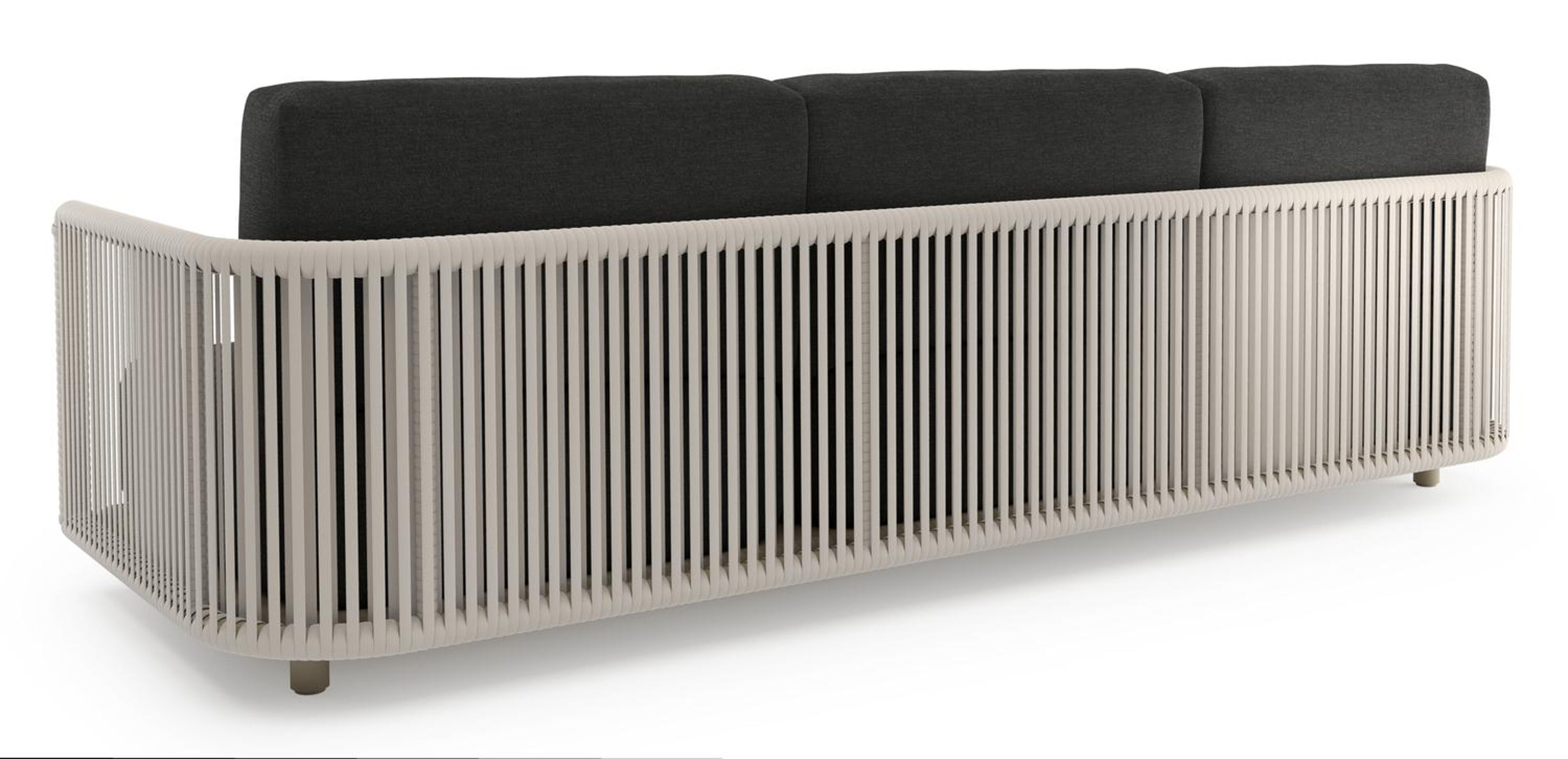 Organo loungeset in beige aluminium en beige verticaal geweven luxe vlakke rope met chartres sooty all weather sunbrella® luxe kussens