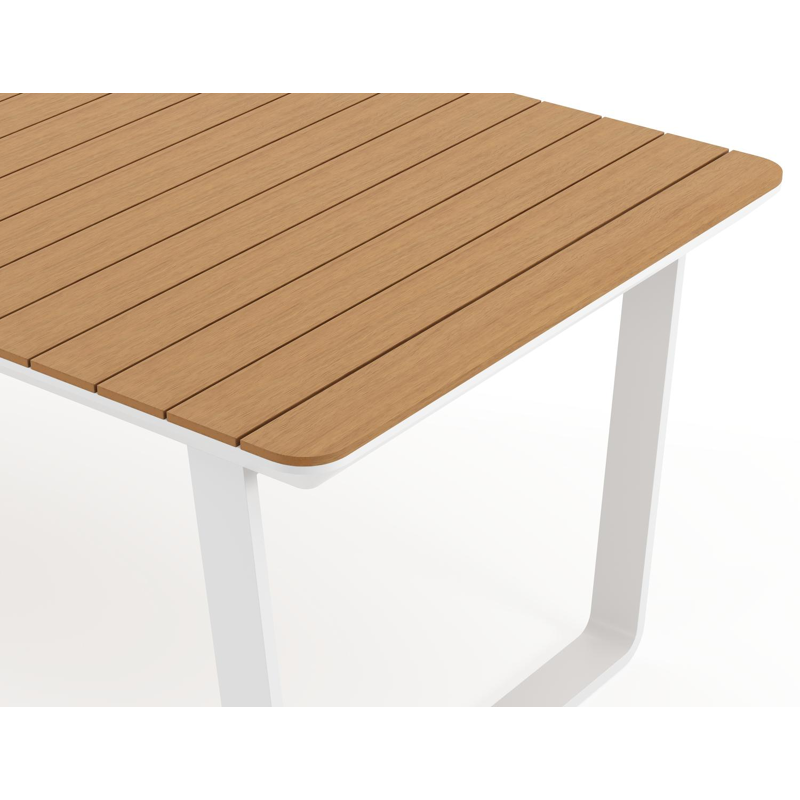 Alora tuinset in wit aluminium en naturel polywood tafelblad met 6 stapelbare Vigo tuinstoelen