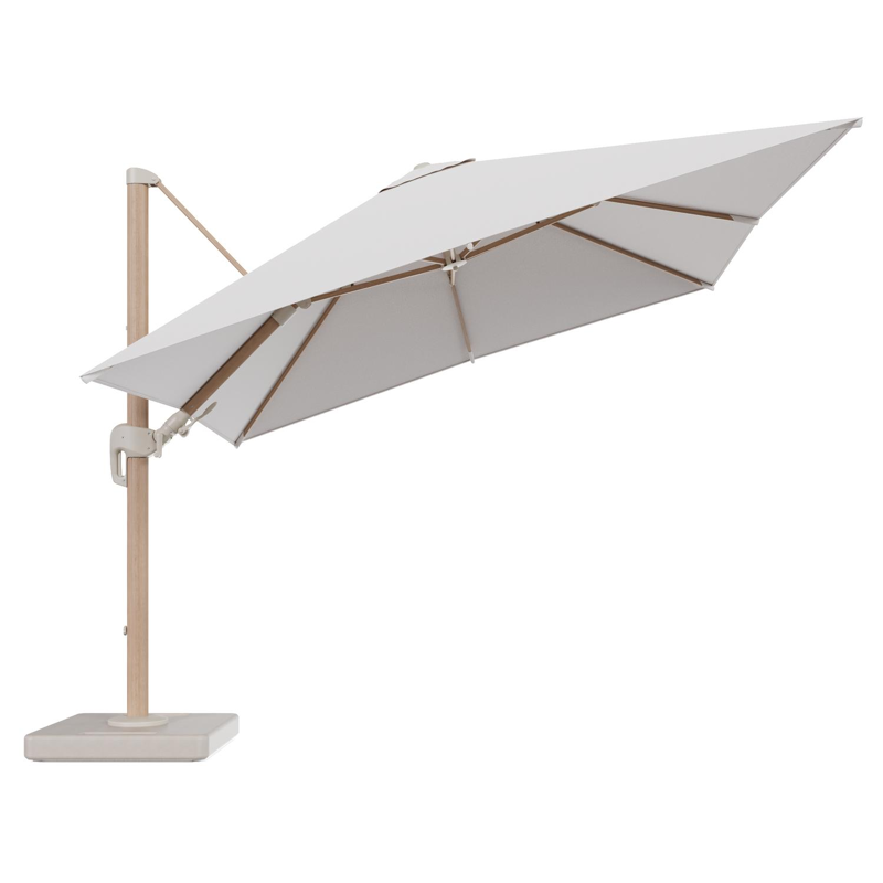 Parasol pendant Rufina avec fonction tilt en aluminium aspect de bois et toile de parasol en All Weather Solica Ego Eggshell - Lg.1 300 x Lg.2 300 cm avec pied de parasol Lapido 160 kg