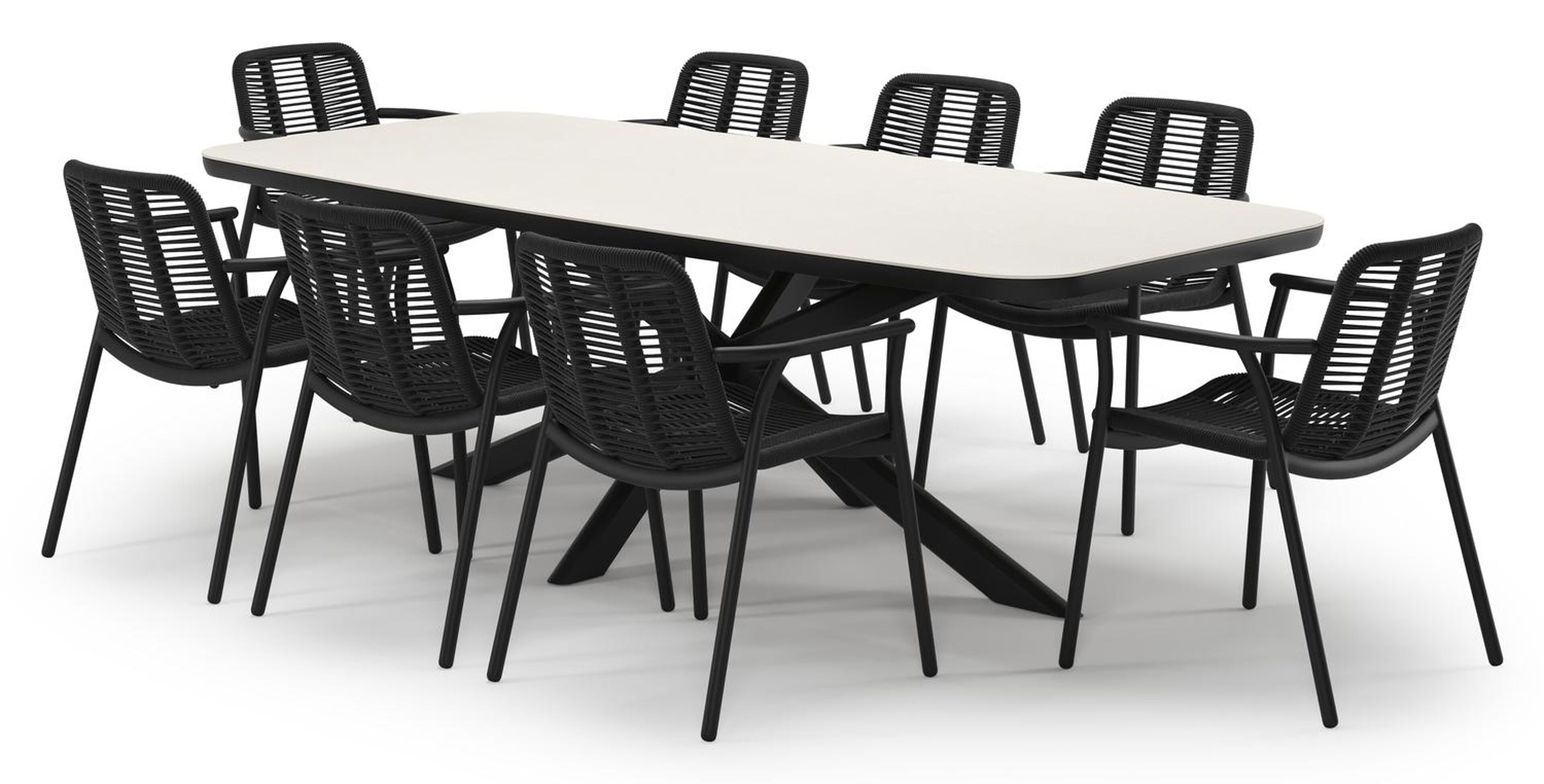 Ensemble de jardin Pamplona en aluminium noir et sintered stone crema minerale avec 8 chaises de jardin empilable Berga