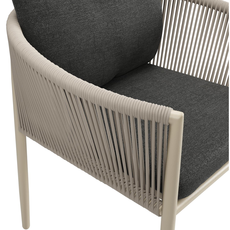 Organo tuinstoel in zwart aluminium en beige verticaal geweven ronde rope met stoelkussen in All Weather Sunbrella® Luxe Chartres Sooty