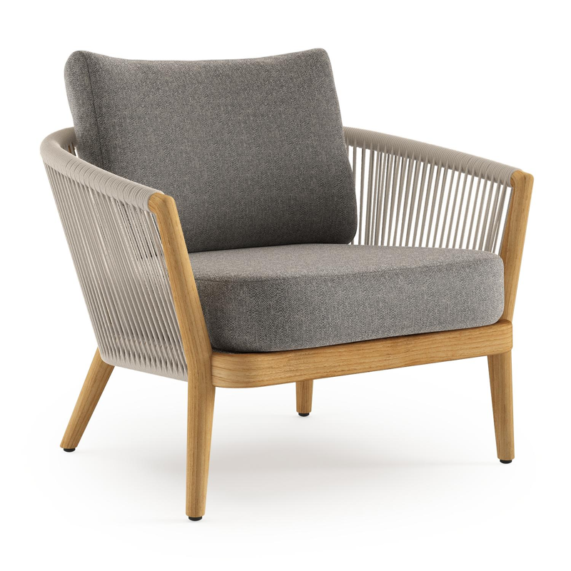 Fauteuil de jardin Orso en tecken corde ronde tissée verticalement beige et coussins en all weather sunbrella® luxe Chartres Drizzle