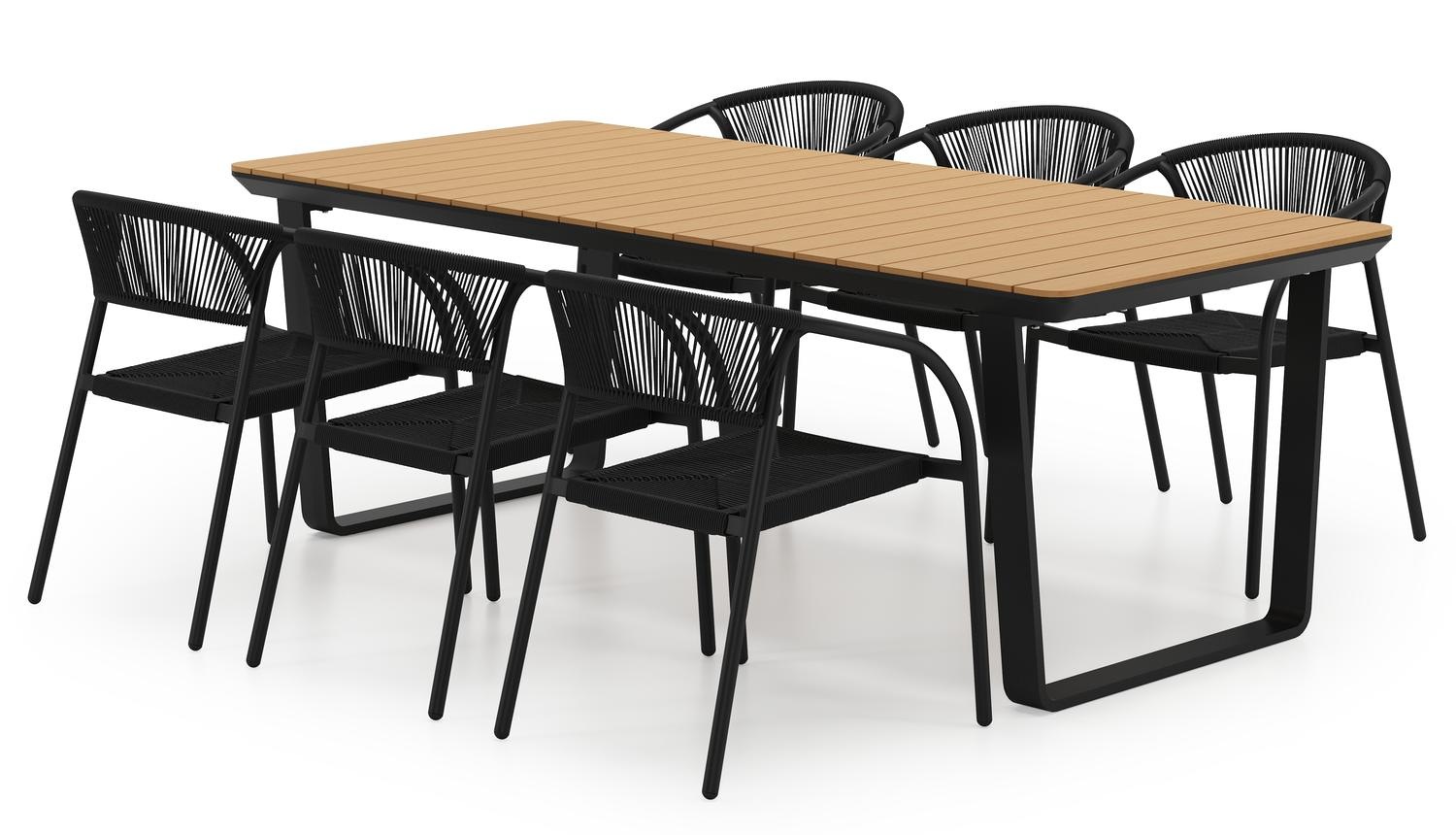 Ensemble de jardin Alora en aluminium noir et polywood avec 6 chaises de jardin empilable Melo