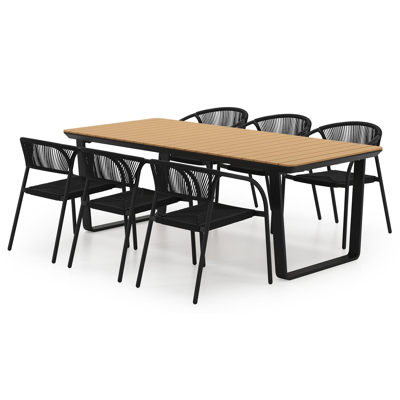 Ensemble de jardin Alora en aluminium noir et polywood avec 6 chaises de jardin empilable Melo