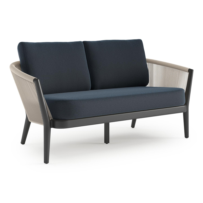 Canapé de jardin Orso en aluminium noir en corde ronde tissée verticalement beige et coussins en all weather sunbrella® luxe Heritage Indigo
