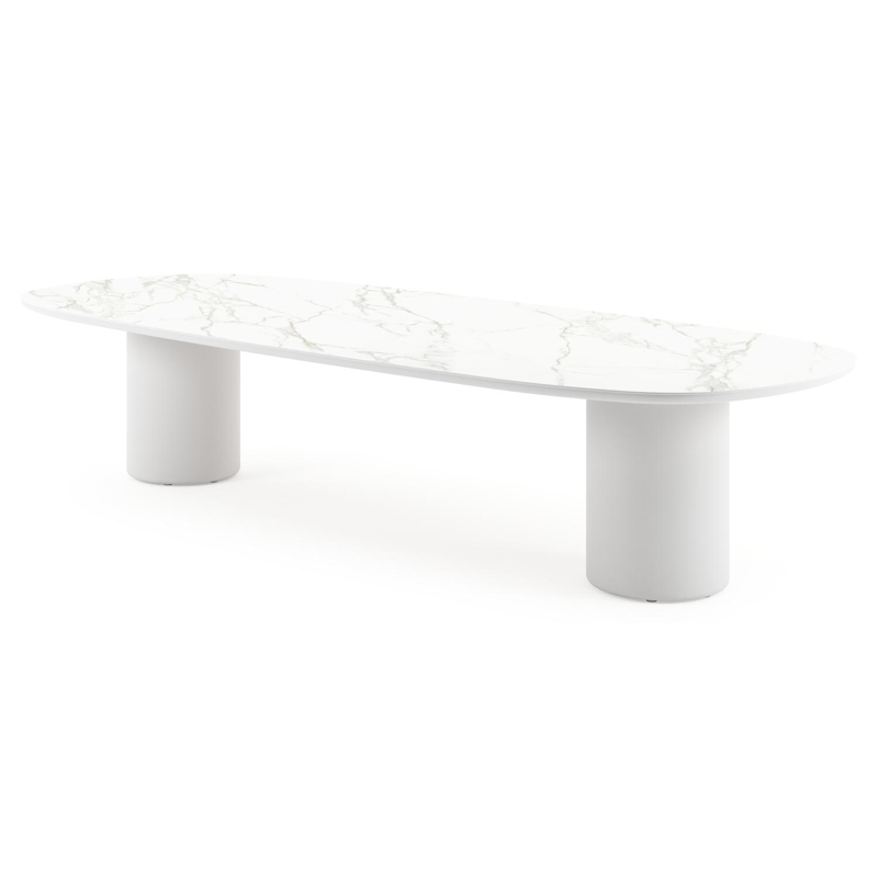 Amico low dining tuintafel bombo in wit aluminium en volkeramiek Calacatta - L 320 x B 130 x H 61 cm