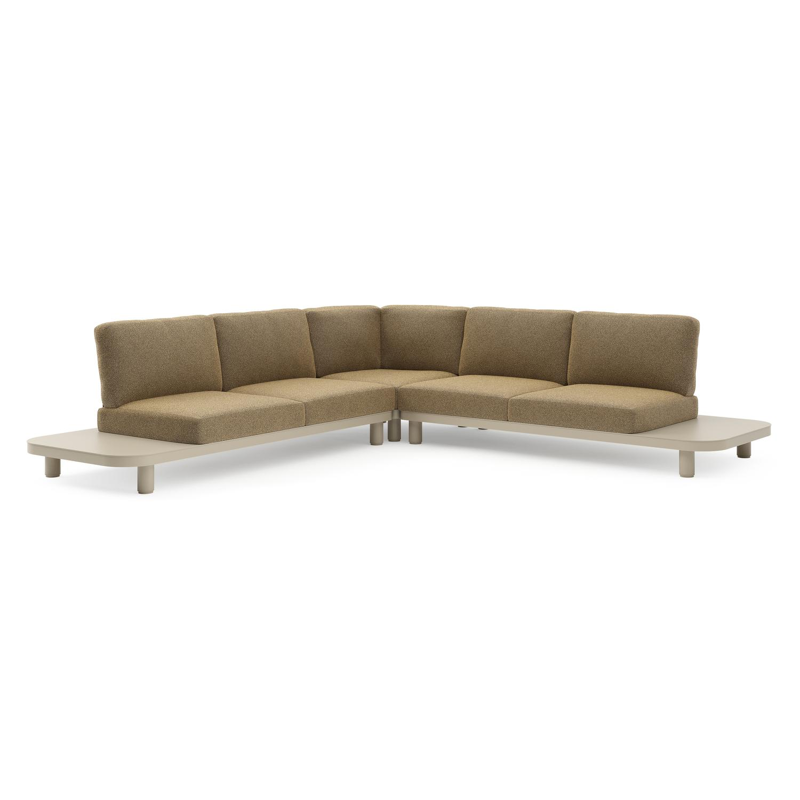 Donato loungehoek in beige aluminium met madagascar walnut all weather cosytica kussen