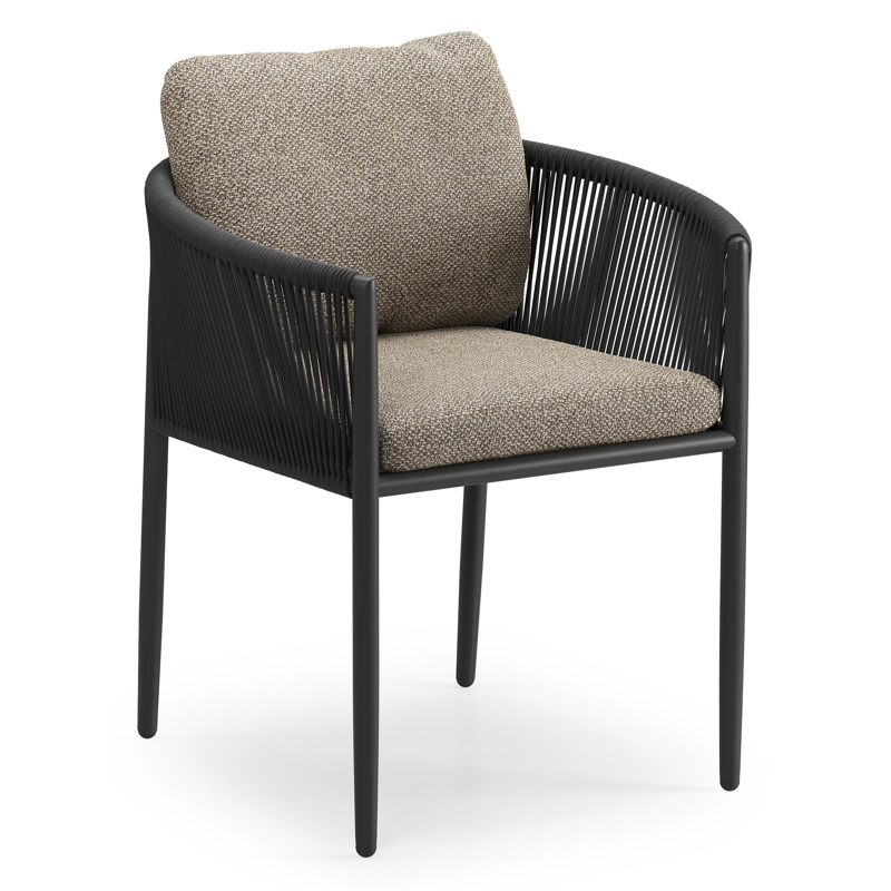 Organo tuinstoel in beige aluminium en beige verticaal geweven ronde rope met stoelkussen in All Weather Cosytica Madagascar Burch