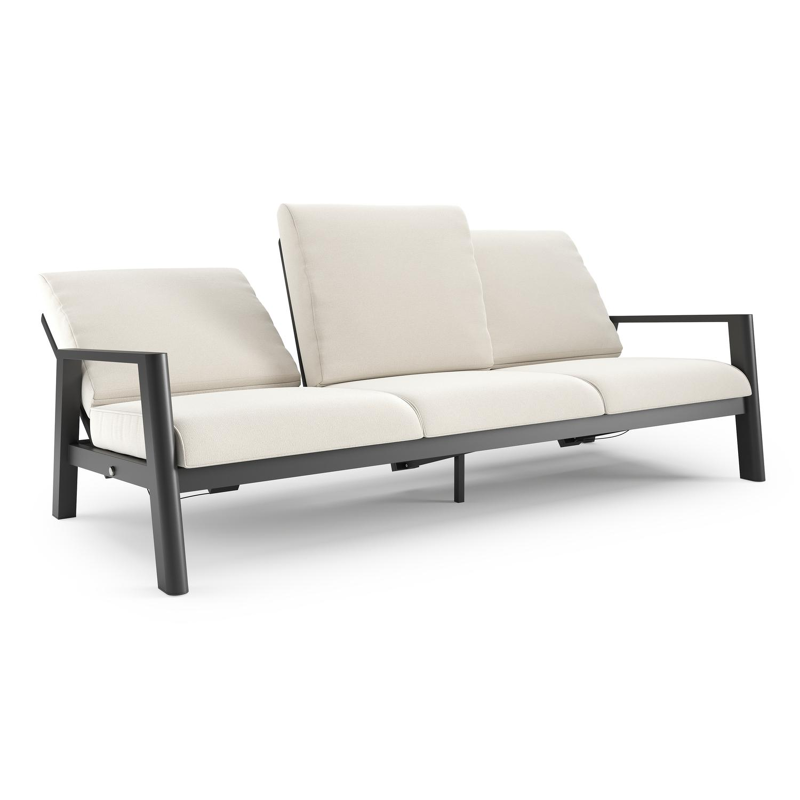 Canapé de jardin Cirello en aluminium noir et coussins en all weather sunbrella® luxe savane white