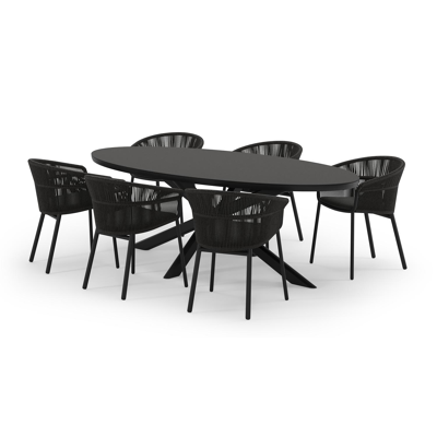 Pamplona ovale tuinset in zwart aluminium en sintered stone notte minerale met 6 Matera tuinstoelen