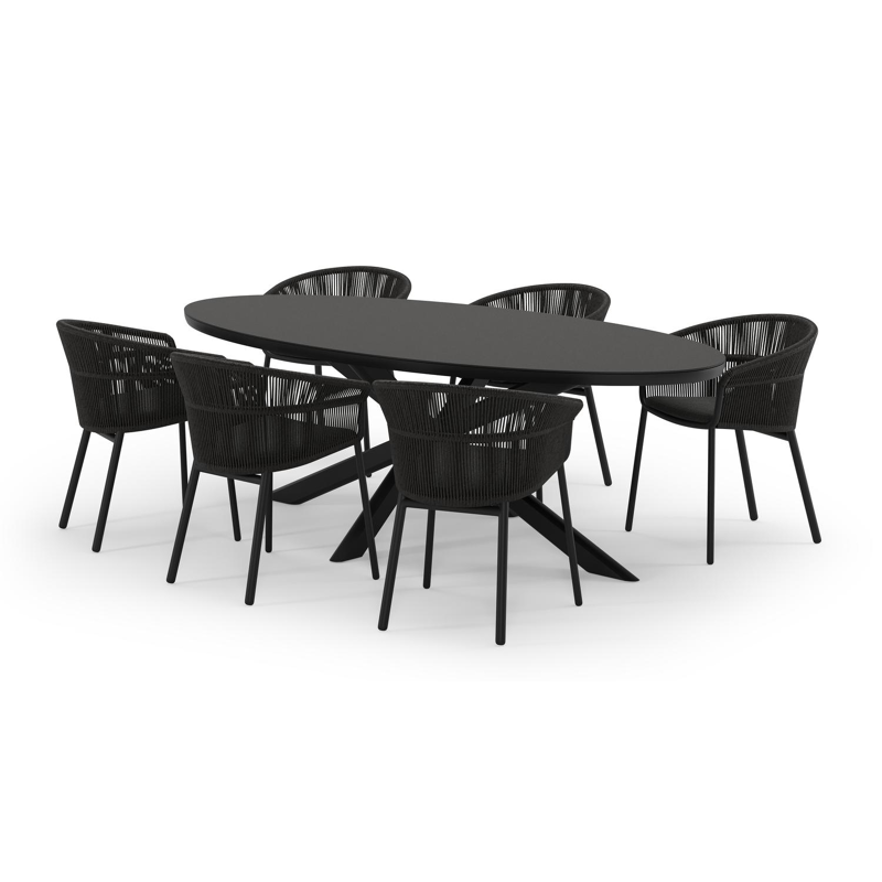 Pamplona ovale tuinset in zwart aluminium en sintered stone notte minerale met 6 Matera tuinstoelen