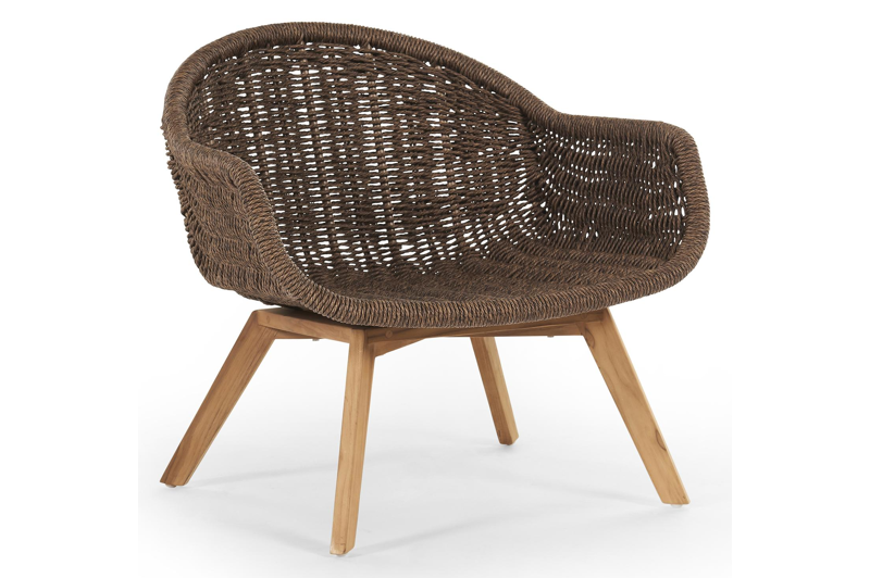 Pagino loungestoel 1-zit in teak en gedraaide ronde wicker