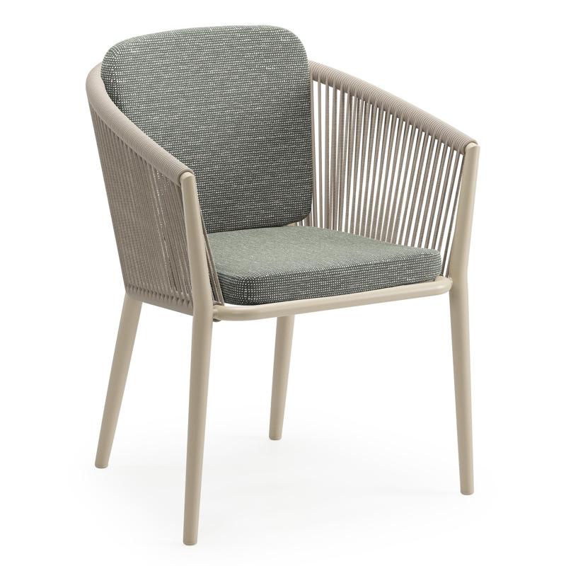 Orso tuinstoel in beige aluminium en beige verticaal geweven ronde rope met zitkussen in All Weather Sunbrella® Luxe Slow Fern
