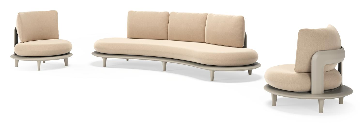 Bomero loungeset in beige aluminium met natte heather beige all weather sunbrella® luxe kussen