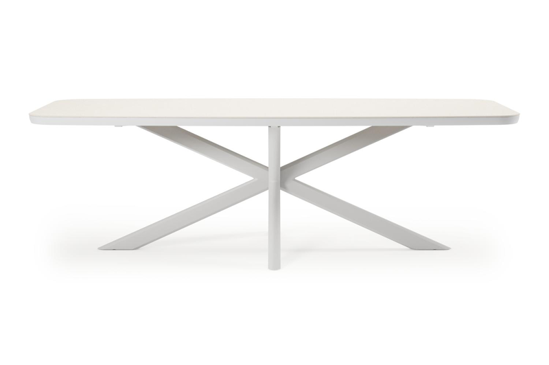 Pamplona bootvormige tuinset in wit aluminium en sintered stone crema minerale met 6 Matera tuinstoelen