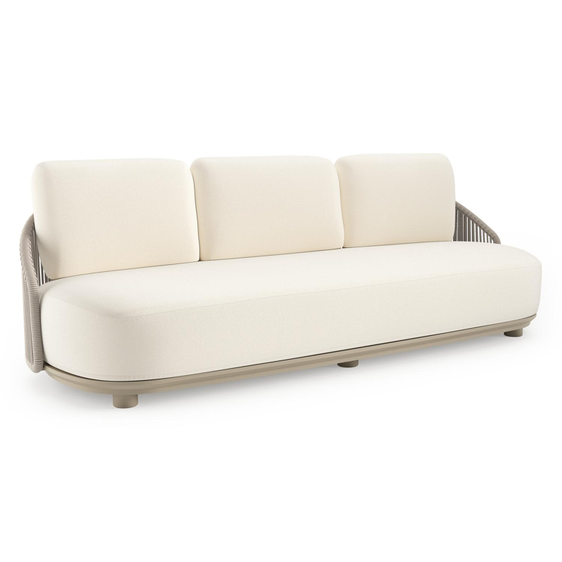 Canapé de jardin Vadelo en aluminium beige et corde ronde tissée verticalement beige et coussins en all weather sunbrella® luxe natte white