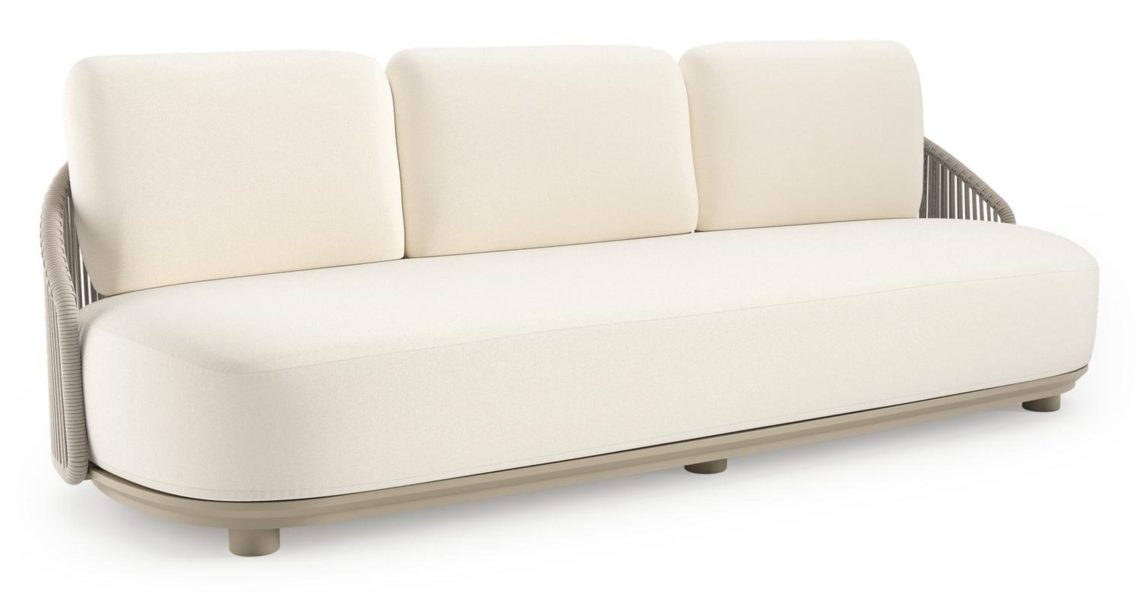 Canapé de jardin Vadelo en aluminium beige et corde ronde tissée verticalement beige et coussins en all weather sunbrella® luxe natte white