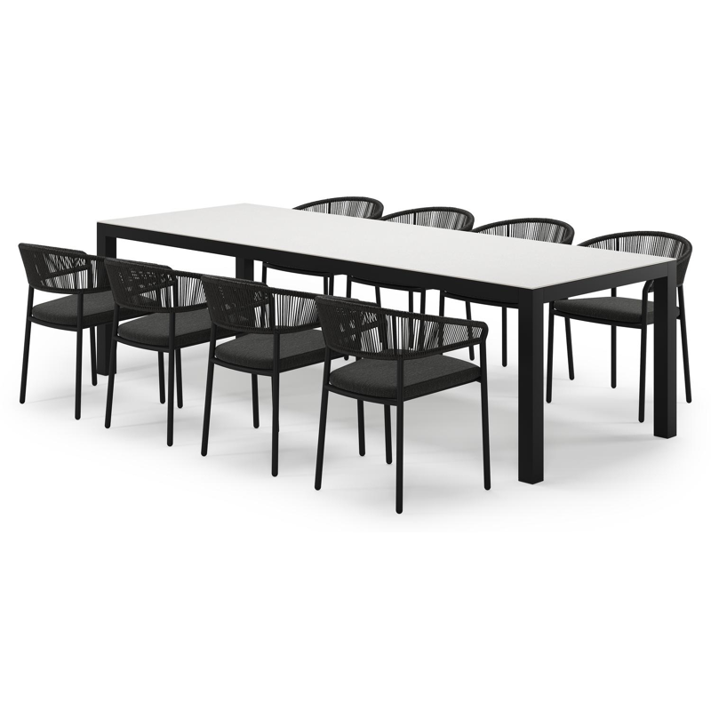 Varese tuinset in zwart aluminium en sintered stone Topo minerale met 8 Zamora tuinstoelen