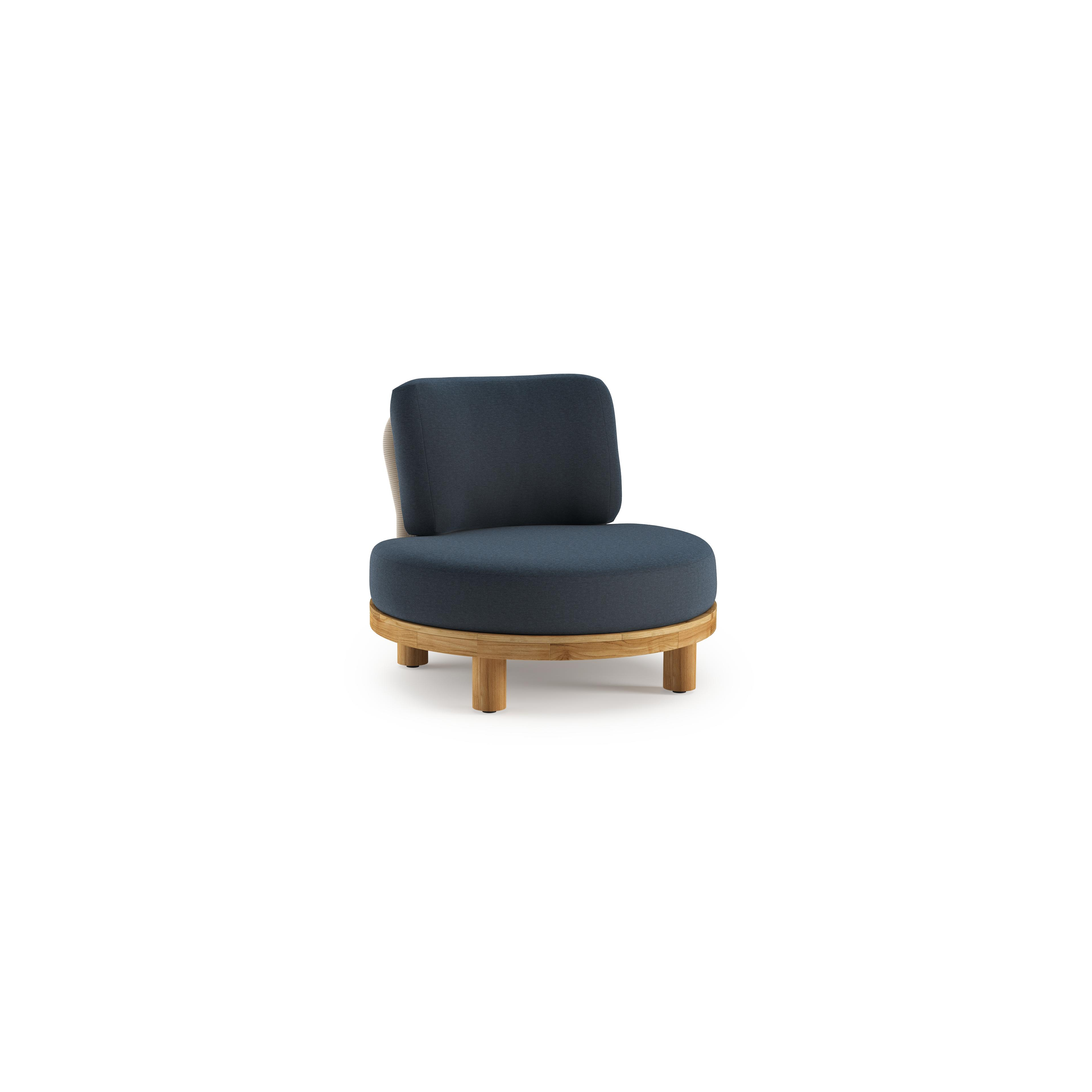 Fauteuil de jardin Donato en teck et corde ronde tissée verticalement beige et coussins en all weather sunbrella® luxe Heritage Indigo
