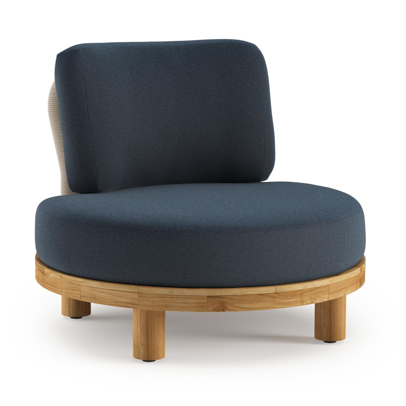 Donato loungestoel in teak en beige verticaal geweven ronde rope met all weather sunbrella® luxe Heritage Indigo kussen