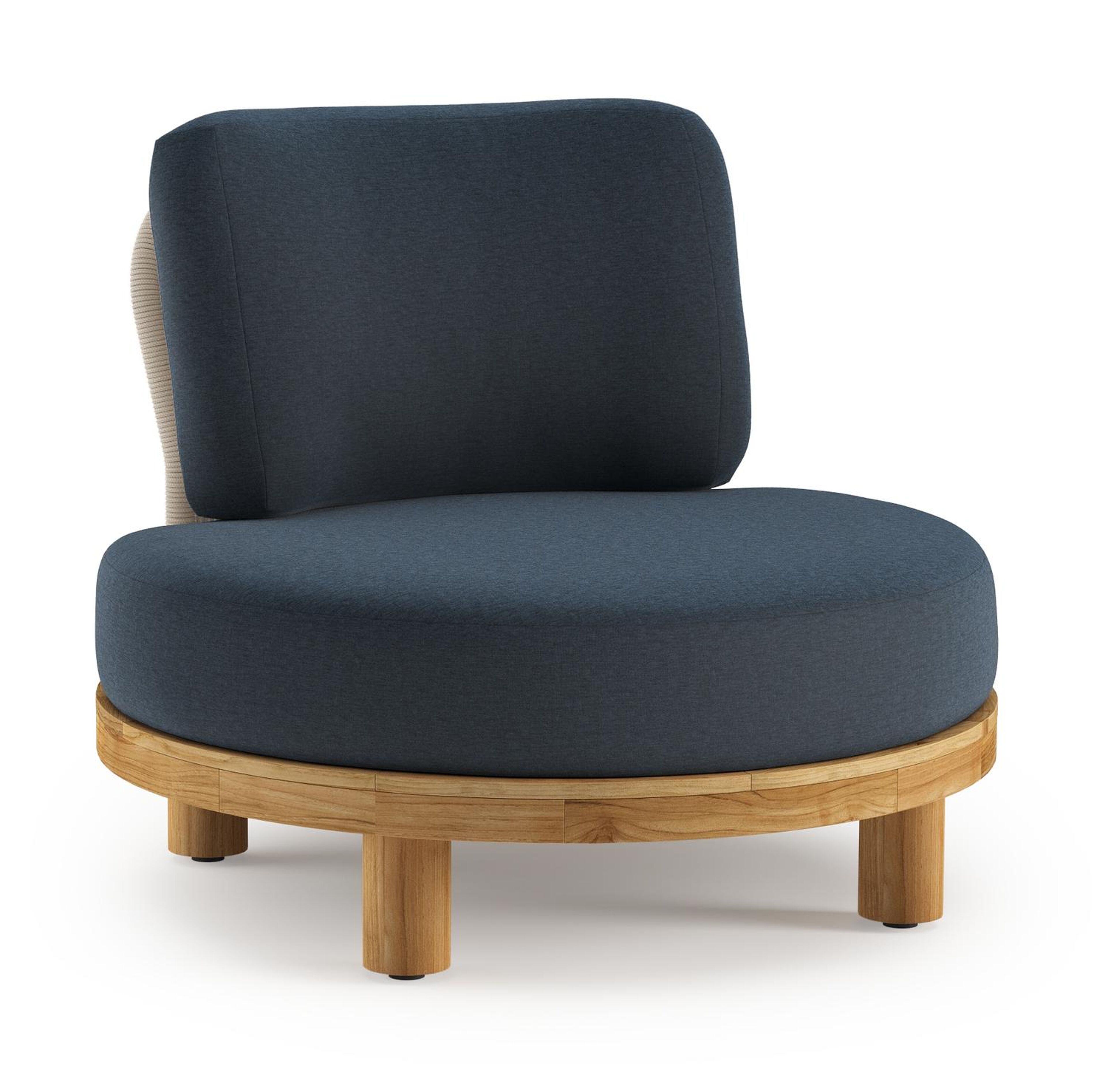 Donato loungestoel in teak en beige verticaal geweven ronde rope met All Weather Sunbrella® luxe Heritage Indigo kussen
