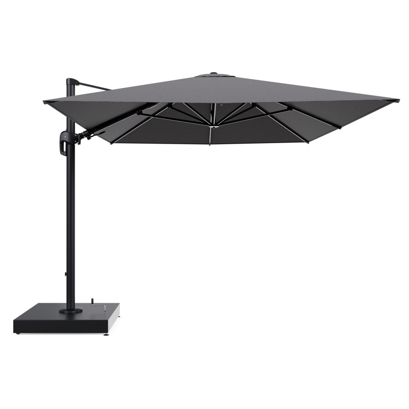 Rufina zweefparasol met tiltfunctie in zwart aluminium en Firenze Tunder All Weather Solica parasoldoek - L1 400 x L2 300 cm met parasolvoet Minore 260 kg met wielen