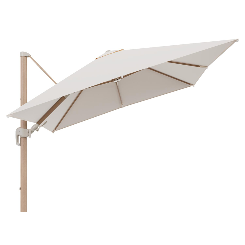 Rufina zweefparasol tiltfunctie in houtlook aluminium en parasoldoek in All Weather Sunbrella® Luxe Natte Linen Chalk - L1 300 x L2 300 cm (zonder voet) (zonder voet)