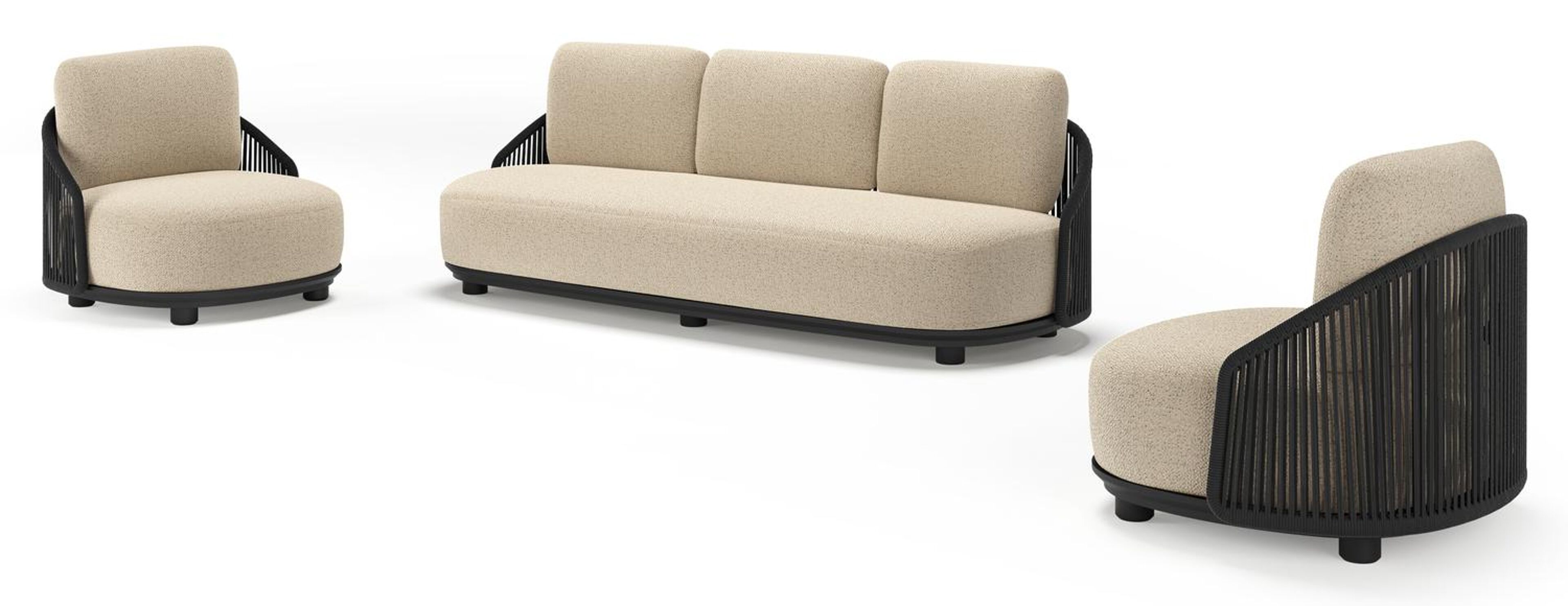 Vadelo loungeset in zwart aluminium en zwart verticaal geweven ronde rope met bora forest all weather cosytica kussen