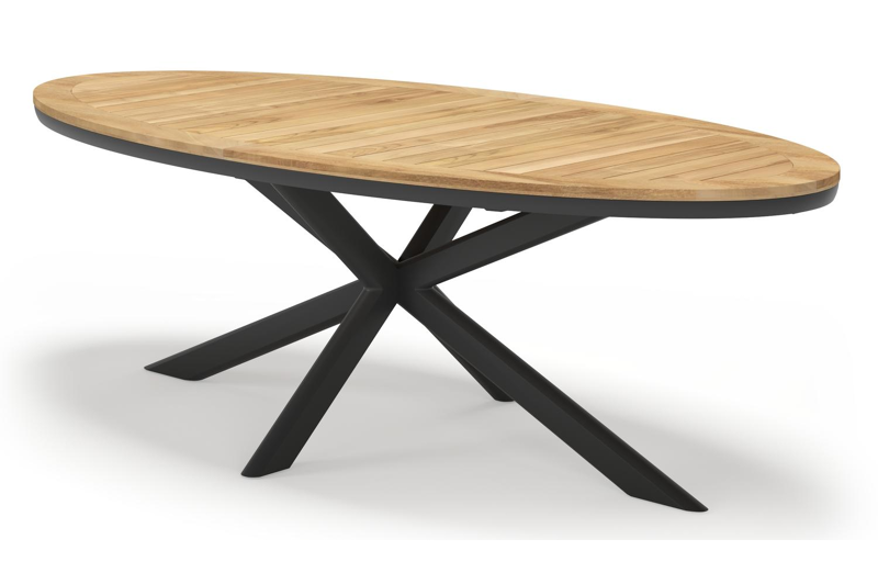 Pamplona ovale tuinset in zwart aluminium en teak natural finish met 6 Matera tuinstoelen