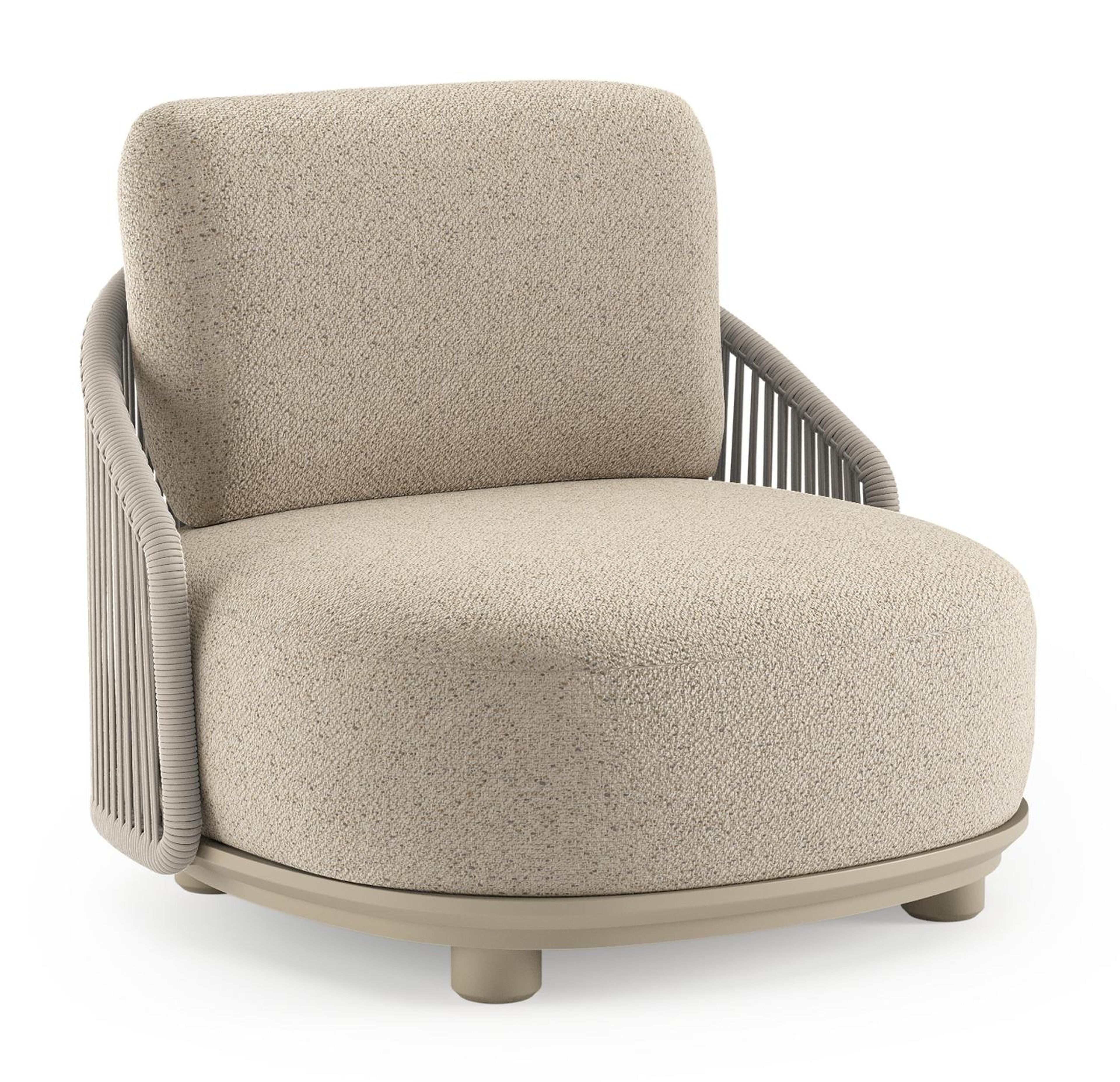 Vadelo loungestoel in beige aluminium en beige verticaal geweven ronde rope met bora desert all weather cosytica kussen