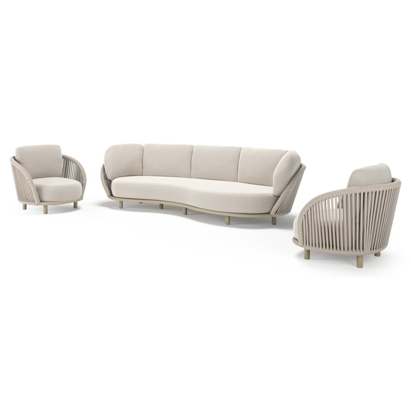 Lupino loungeset in beige aluminium en beige verticaal geweven luxe vlakke brede rope met firenze natural all weather solica kussen