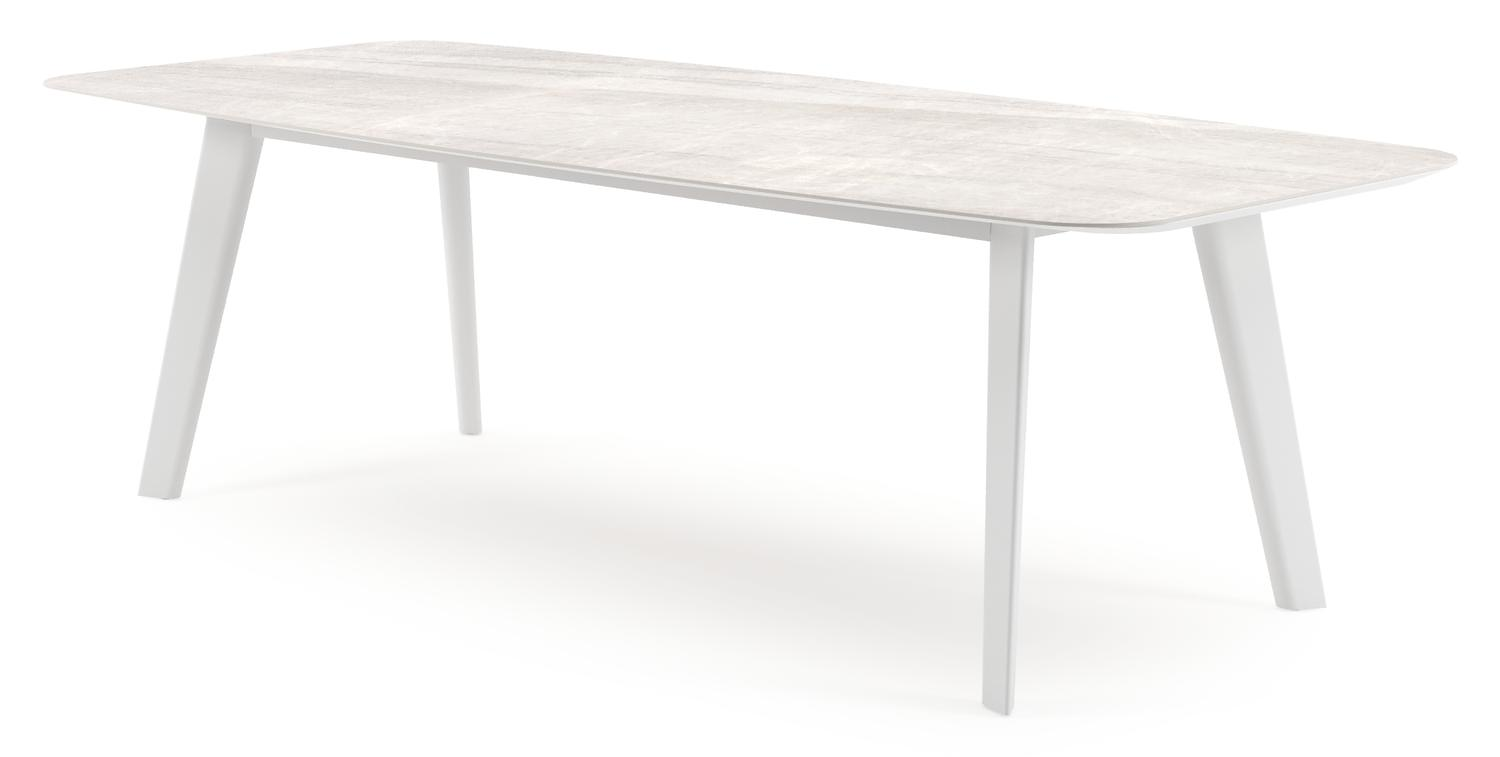 Table de jardin Lacrima forme de bateau en aluminium blanc et céramique pleine Taj Mahal - Lg. 255 x Lrg. 115 x Haut. 73 cm