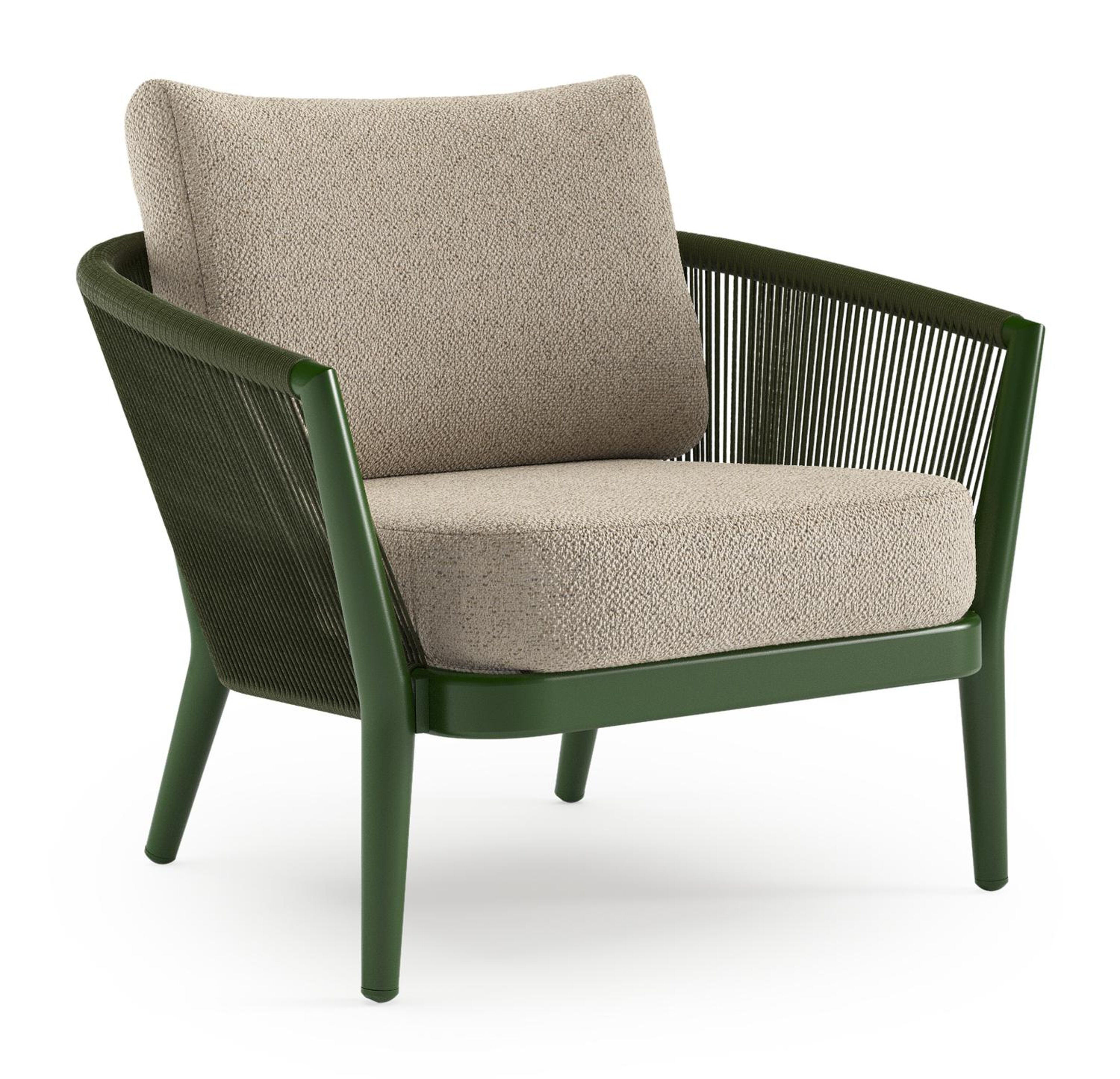Orso loungestoel in groen aluminium en groen verticaal geweven ronde rope met Bora Desert all weather cosytica kussen