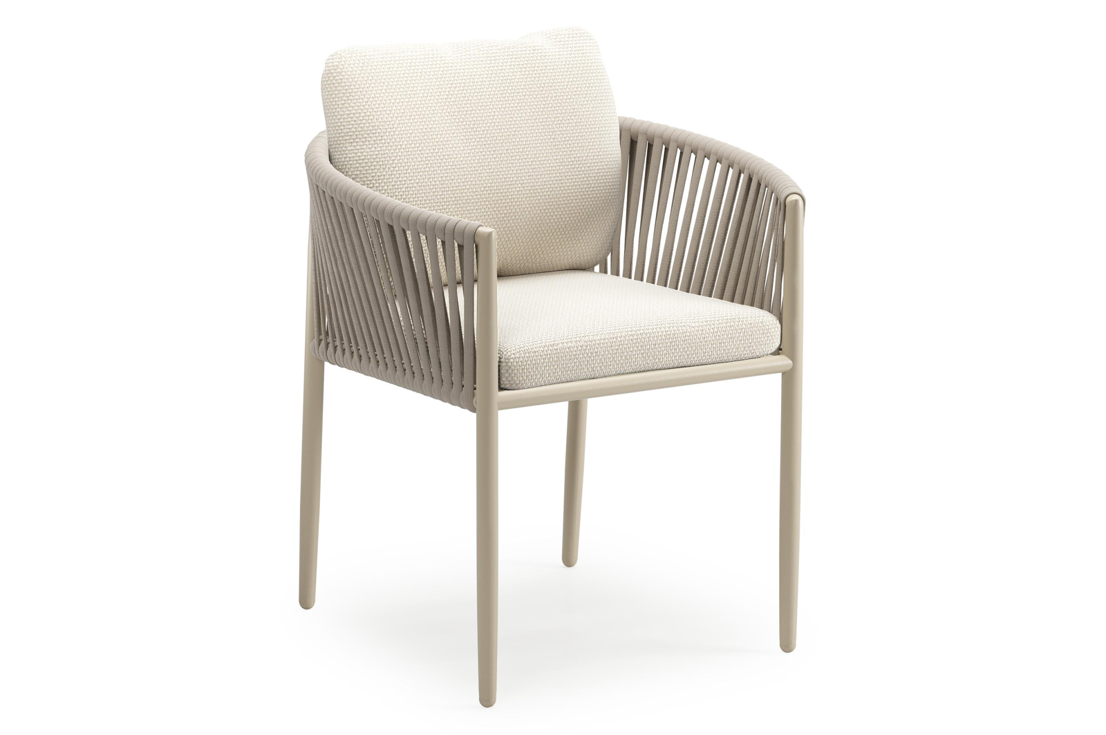 Chaise de jardin Organo en aluminium beige et corde luxe plate tissée verticalement beige avec coussin en All Weather Cosytica Althea Off White