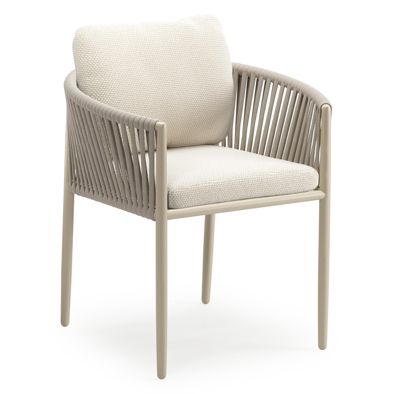 Organo tuinstoel in beige aluminium en beige verticaal geweven luxe vlakke rope met zitkussen in All Weather Cosytica Althea Off White