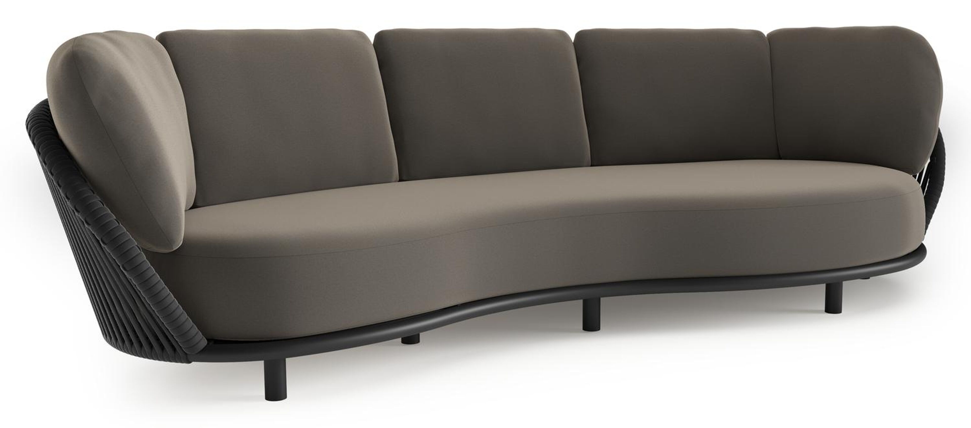 Canapé de jardin Lupino en aluminium noir et corde large plate de luxe tissée verticalement noir et coussins en all weather sunbrella® luxe natte carbon beige