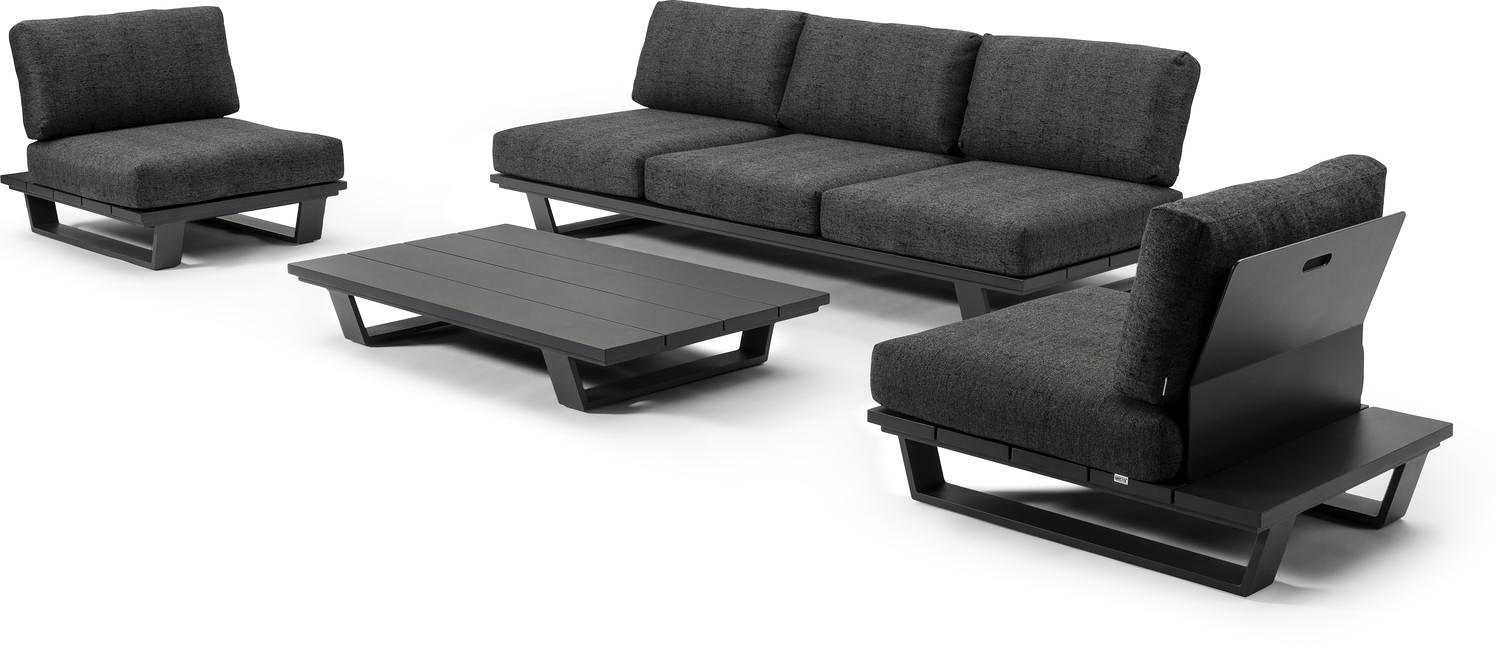 Pagino loungeset in zwart aluminium met chartres sooty Sunbrella luxe kussens 